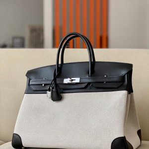 Birkin HSS 40 Barenia and Canvas in Noir(89) Palladium hardware