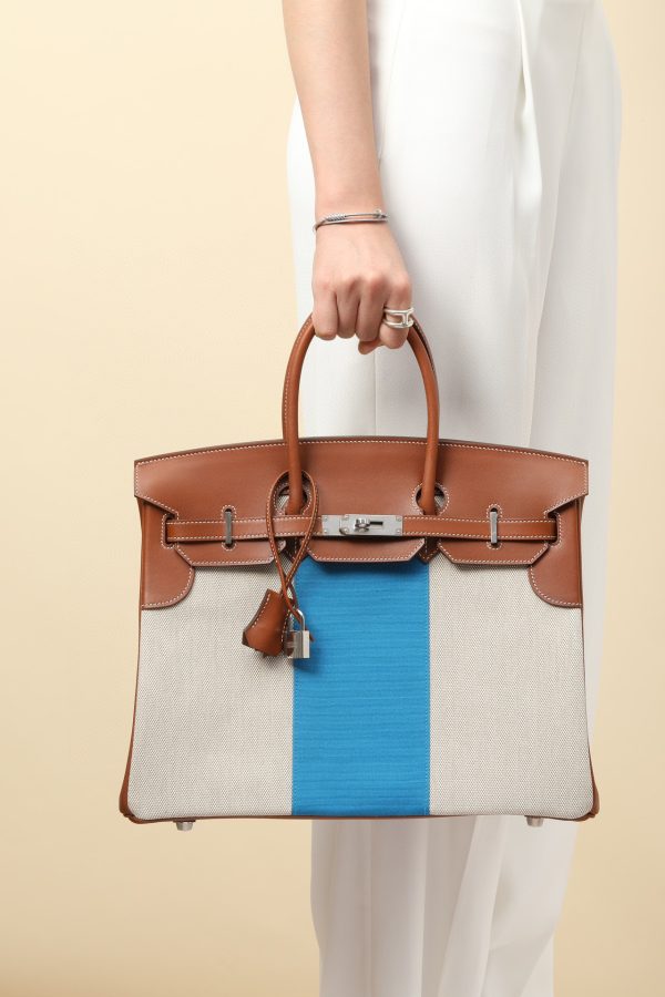 Birkin HSS 35 Barenia and Canvas Gold(37) Palladium Hardware - Image 9