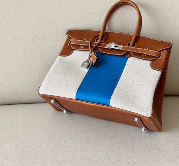 Birkin HSS 35 Barenia and Canvas in Gold(37) Palladium hardware - Image 7