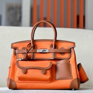 Birkin Cargo 35 Canvas and Swift Orange(93) and Gold(37) Palladium Hardware