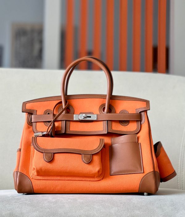 Birkin Cargo 35 Canvas and Swift Orange(93) and Gold(37) Palladium Hardware
