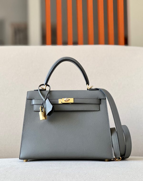Kelly 25 Epsom Gris Meyer (0L) Gold Silver