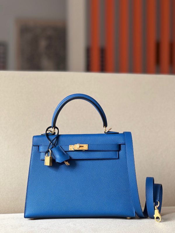 Kelly 25 Epsom Bleu France (71) Gold Hardware