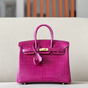Birkin 25 Shiny Alligator Crocodile Rose Sheherazade Gold Hardware J5