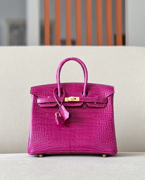 Birkin 25 Shiny Alligator Crocodile Rose Sheherazade Gold Hardware J5