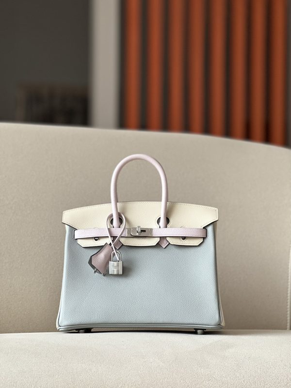 Birkin HSS 25 Epsom Blue Glacier (8U) ,Craie(10) and Mauve Pale (09) Palladium Hardware