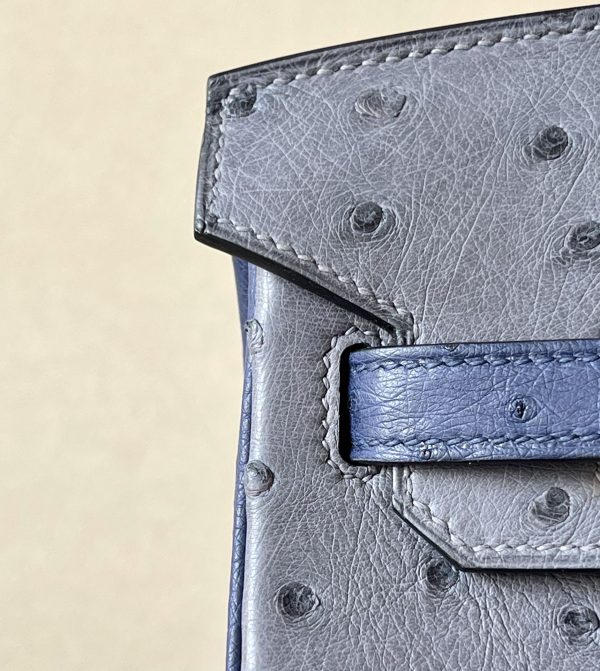Birkin HSS 25 Ostrich Gris Agate(82) and Bleu Iris(77) Gold Hardware - Image 7