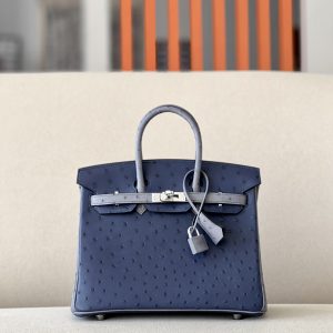 Birkin HSS 25 Ostrich Bleu Iris(77) and Gris Agate(82) Palladium Hardware