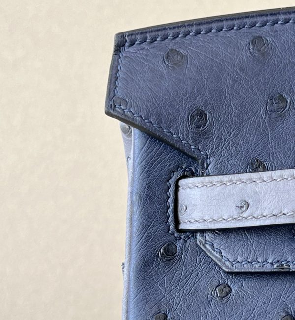 Birkin HSS 25 Ostrich Bleu Iris(77) and Gris Agate(82) Palladium Hardware - Image 10