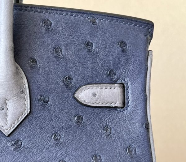 Birkin HSS 25 Ostrich Bleu Iris(77) and Gris Agate(82) Palladium Hardware - Image 11