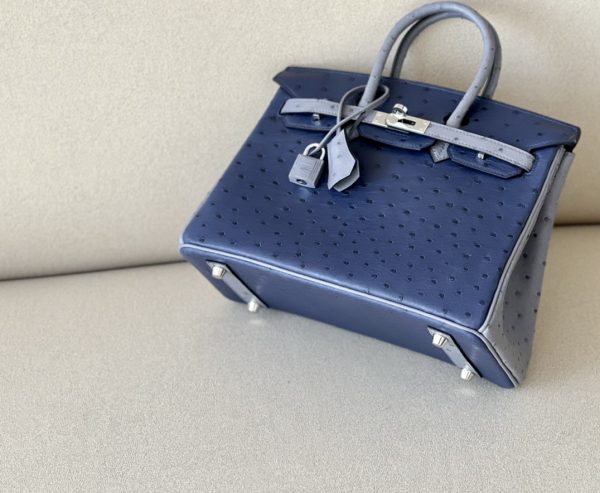 Birkin HSS 25 Ostrich Bleu Iris(77) and Gris Agate(82) Palladium Hardware - Image 6