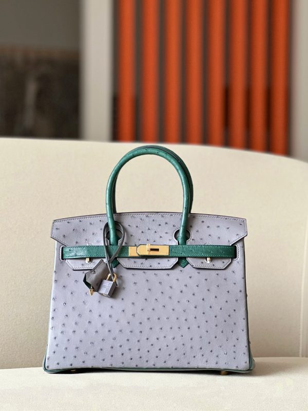Birkin HSS 30 Ostrich Gris Agate(82)  and Vert Titlen (1T) Gold Hardware