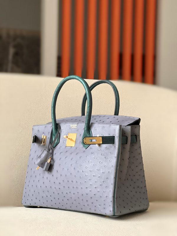 Birkin HSS 30 Ostrich Gris Agate(82)  and Vert Titlen (1T) Gold Hardware - Image 2