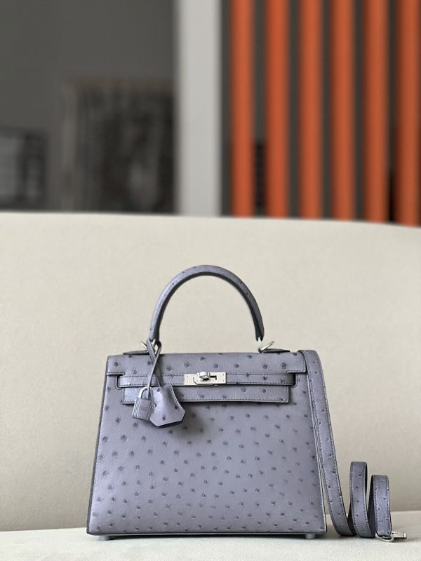 Kelly 25 Ostrich Gris Agate (82) Palladium Hardware