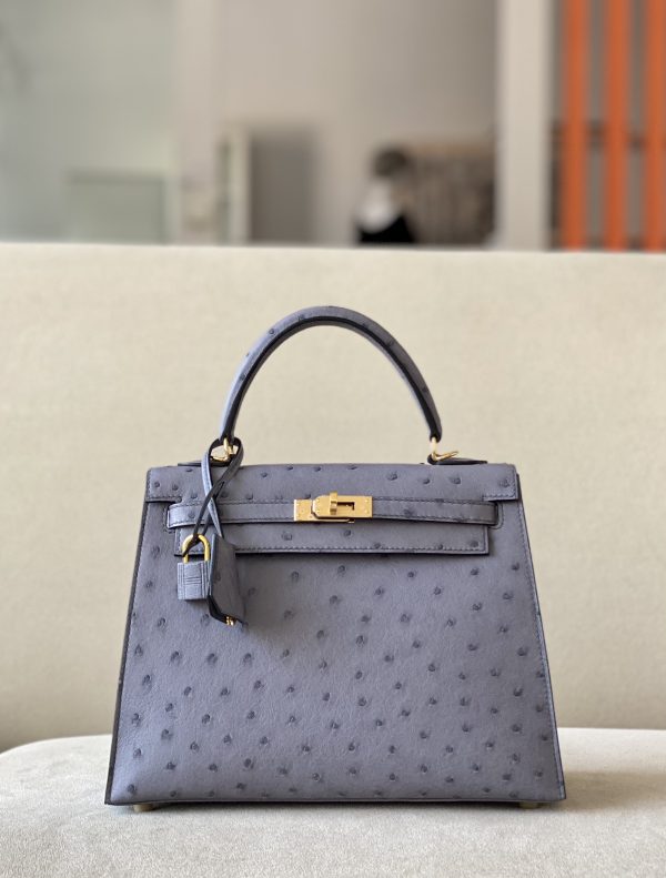 Kelly 25 Ostrich Gris Agate (82) Gold Hardware