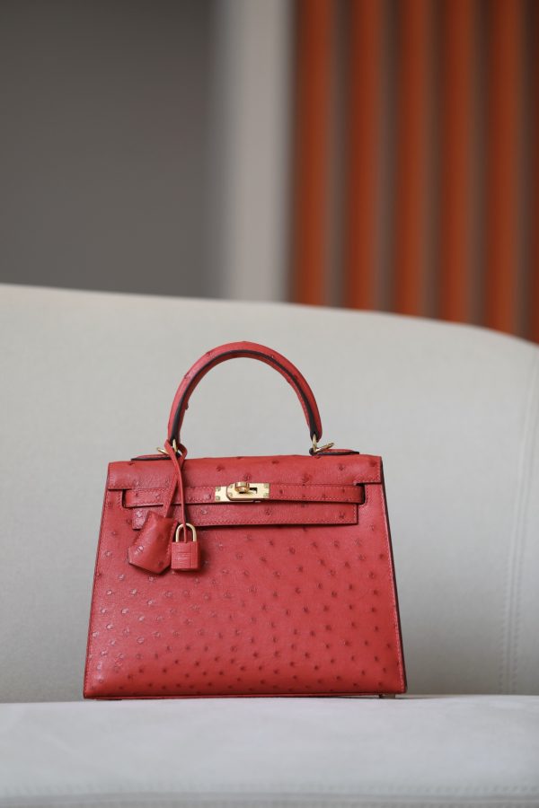 Kelly 25 Ostrich Rouge Tomate(S5) Gold Hardware