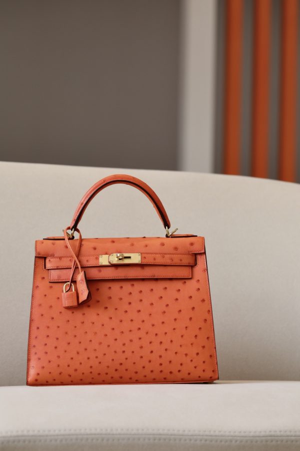 Kelly 25 Ostrich Orange(93) Gold Hardware
