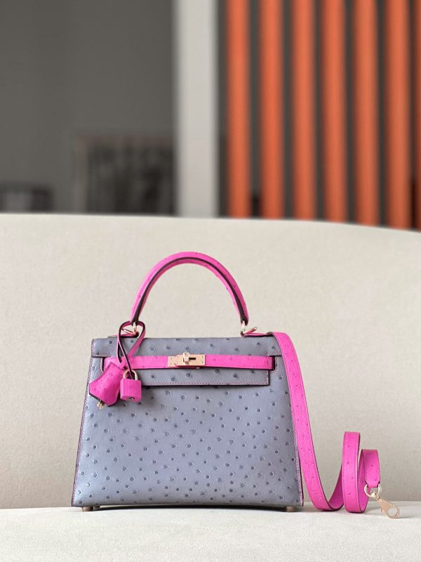 Kelly HSS 25 Ostrich Gris Agate(82) and Rose Tyrien(E5) Rose Gold Hardware