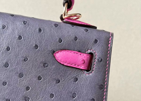 Kelly HSS 25 Ostrich Gris Agate(82) and Rose Tyrien(E5) Rose Gold Hardware - Image 9