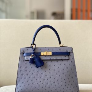 Kelly HSS 25 Ostrich Gris Agate(82)  and Bleu Irisn(77) Gold Hardware