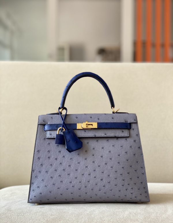 Kelly HSS 25 Ostrich Gris Agate(82)  and Bleu Irisn(77) Gold Hardware