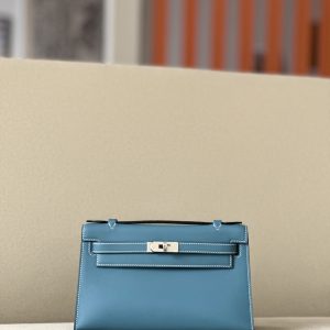 Kelly Pochette Swift New Bleu Jean (D2) Palladium Hardware