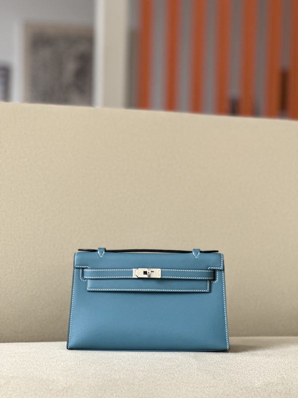 Kelly Pochette Swift New Bleu Jean (D2) Palladium Hardware