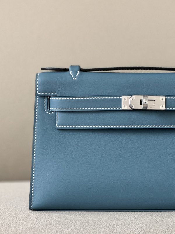 Kelly Pochette Swift New Bleu Jean (D2) Palladium Hardware - Image 11