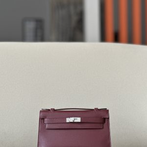 Kelly Pochette Swift Rouge H (55) Palladium Hardware