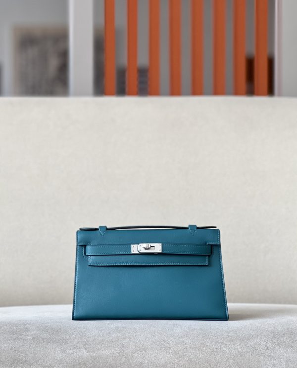 Kelly Pochette Swift Vert Bosphore (W0) Palladium Hardware