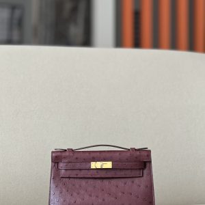 Kelly Pochette Ostrich Rouge Sellier (0G) Gold Hardware