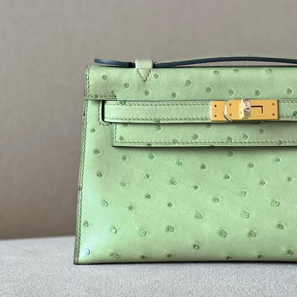 Kelly Pochette Ostrich Vert Criquet (3I) Gold Hardware - Image 11