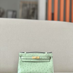 Kelly Pochette Ostrich Vert Criquet (3I) Gold Hardware