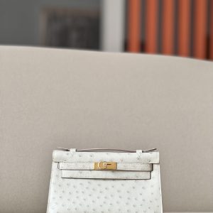 Kelly Pochette Ostrich Beton (8L) Gold Hardware