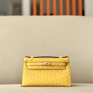 Kelly Pochette Ostrich Jaune Amber (9D) Gold Hardware