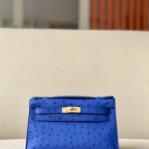 Kelly Pochette Ostrich Bleu Hydra (T7) Gold Hardware