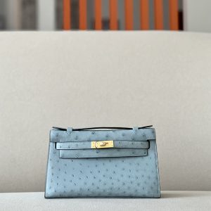 Kelly Pochette Ostrich Bleu Lin (J7) Gold Hardware