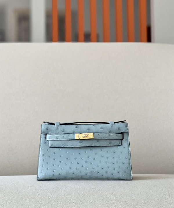 Kelly Pochette Ostrich Bleu Lin (J7) Gold Hardware