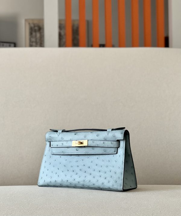Kelly Pochette Ostrich Bleu Lin (J7) Gold Hardware - Image 2