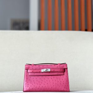 Kelly Pochette Ostrich Vermillon (5E) Palladium Hardware