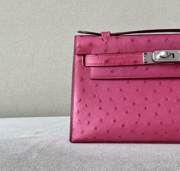 Kelly Pochette Ostrich Vermillon (5E) Palladium Hardware - Image 11