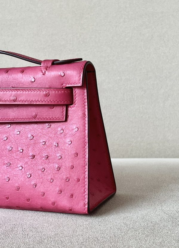 Kelly Pochette Ostrich Vermillon (5E) Palladium Hardware - Image 9
