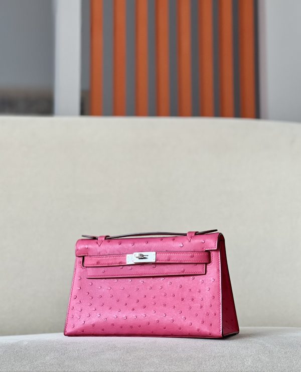 Kelly Pochette Ostrich Vermillon (5E) Palladium Hardware - Image 2