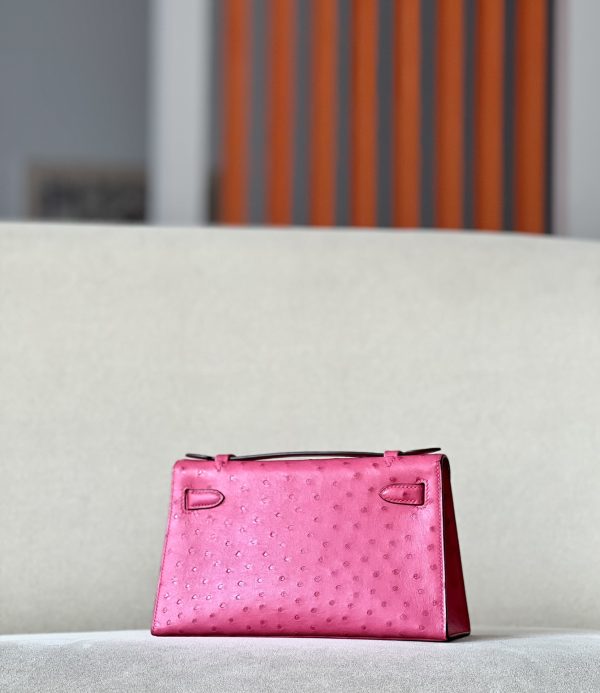 Kelly Pochette Ostrich Vermillon (5E) Palladium Hardware - Image 3
