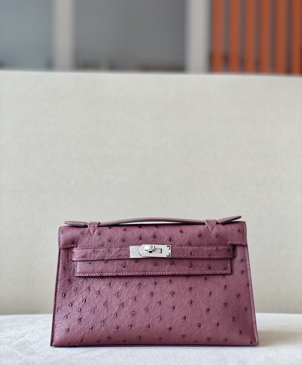 Kelly Pochette Ostrich Bourgogne (F5) Palladium Hardware