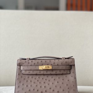 Kelly Pochette Ostrich Gris Tourterelle (81) Gold Hardware