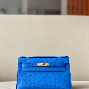Kelly Pochette Ostrich Blue Paradise (2T) Gold Hardware