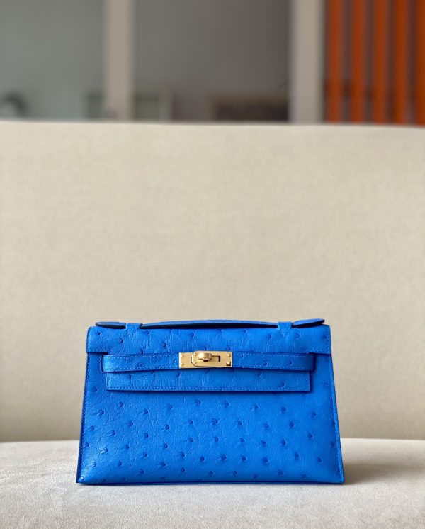 Kelly Pochette Ostrich Blue Paradise (2T) Gold Hardware