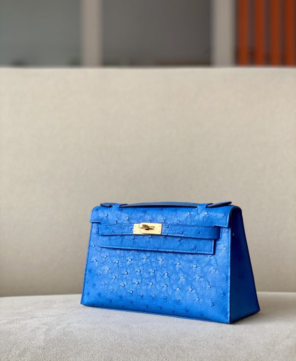 Kelly Pochette Ostrich Blue Paradise (2T) Gold Hardware - Image 2