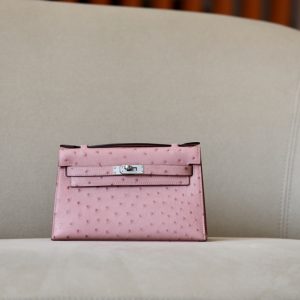 Kelly Pochette Ostrich Rose Sakura (3Q) Palladium Hardware